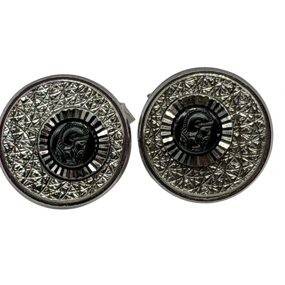 Roman Soldier‎ Cufflinks Textured Round Silver Tone Vintage Metal Bullet Back